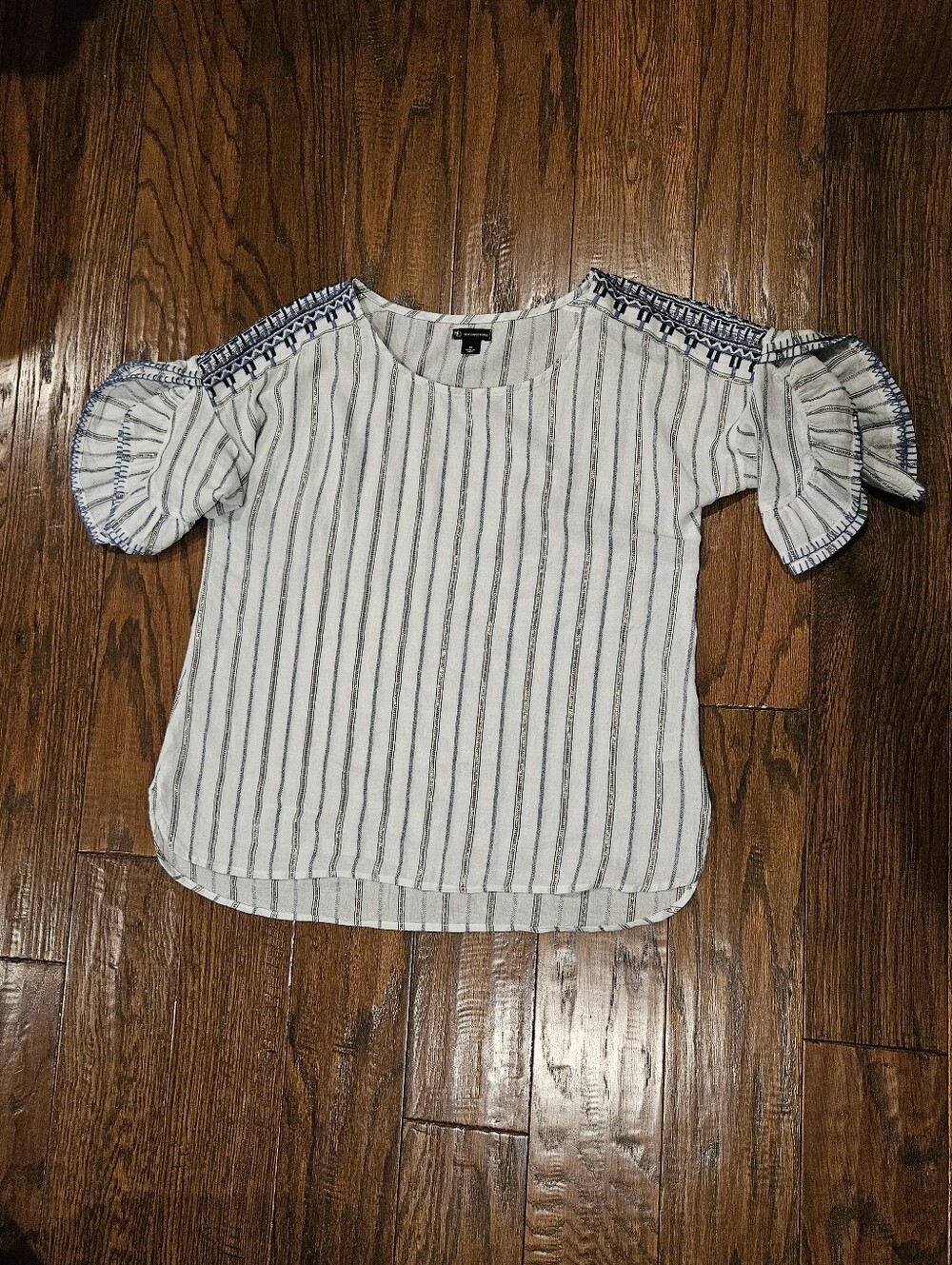 New Direction Flutter-Sleeved Pinstripped Top, Blue/White/Gold - Size Medium
